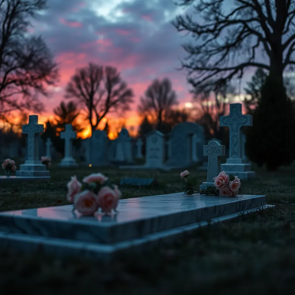 Monument funéraire en marbre orné de roses sous un coucher de soleil