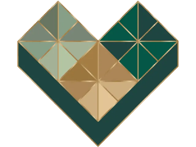 Logo géométrique moderne en forme de cœur composé de facettes colorées.